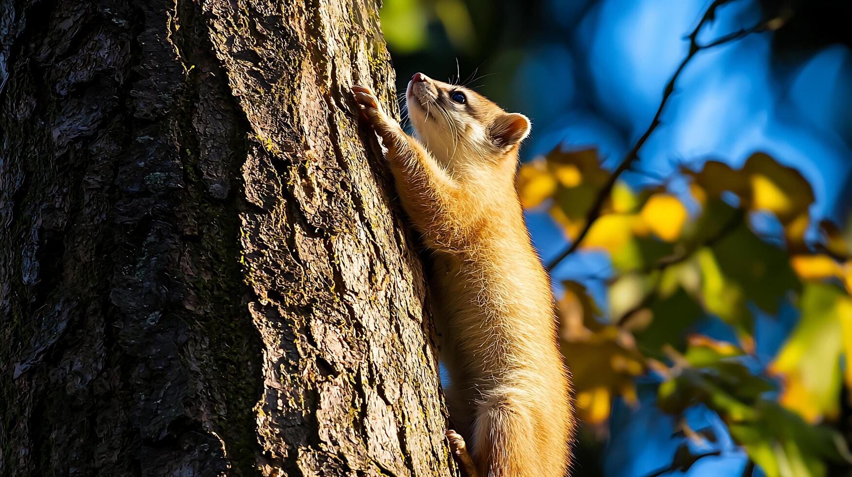 Adorable weasel climbs a mossy tree trunk bathed in sunlight. photo