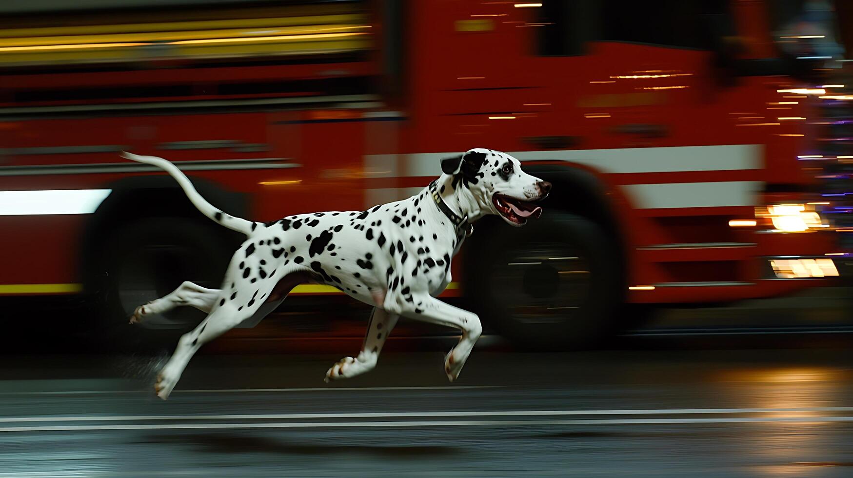 Dalmation dog runs fast past blurred red fire truck at night. photo