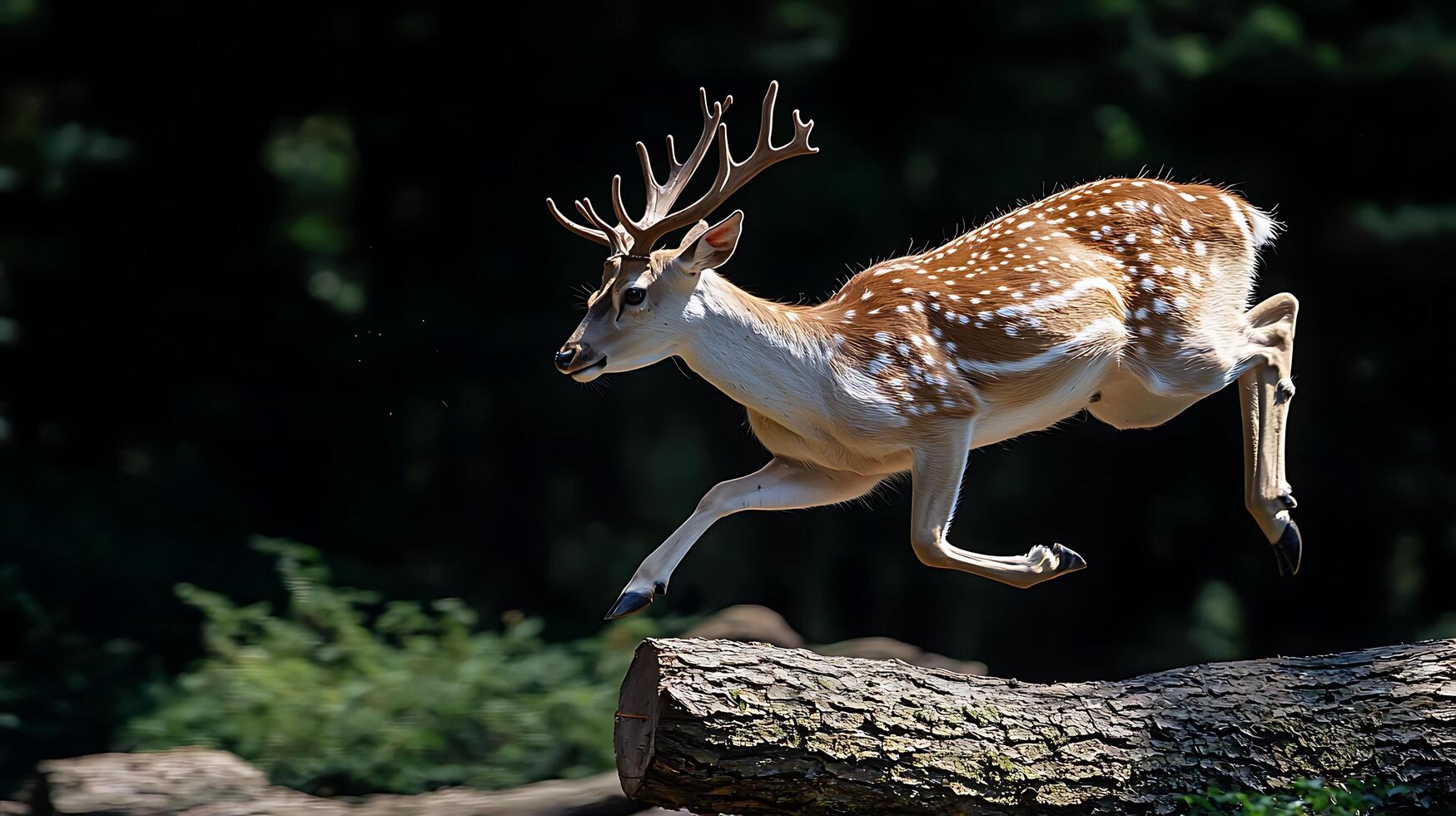 Majestic Fawn Deer Leaping Gracefully Over A Fallen Tree Branch. photo