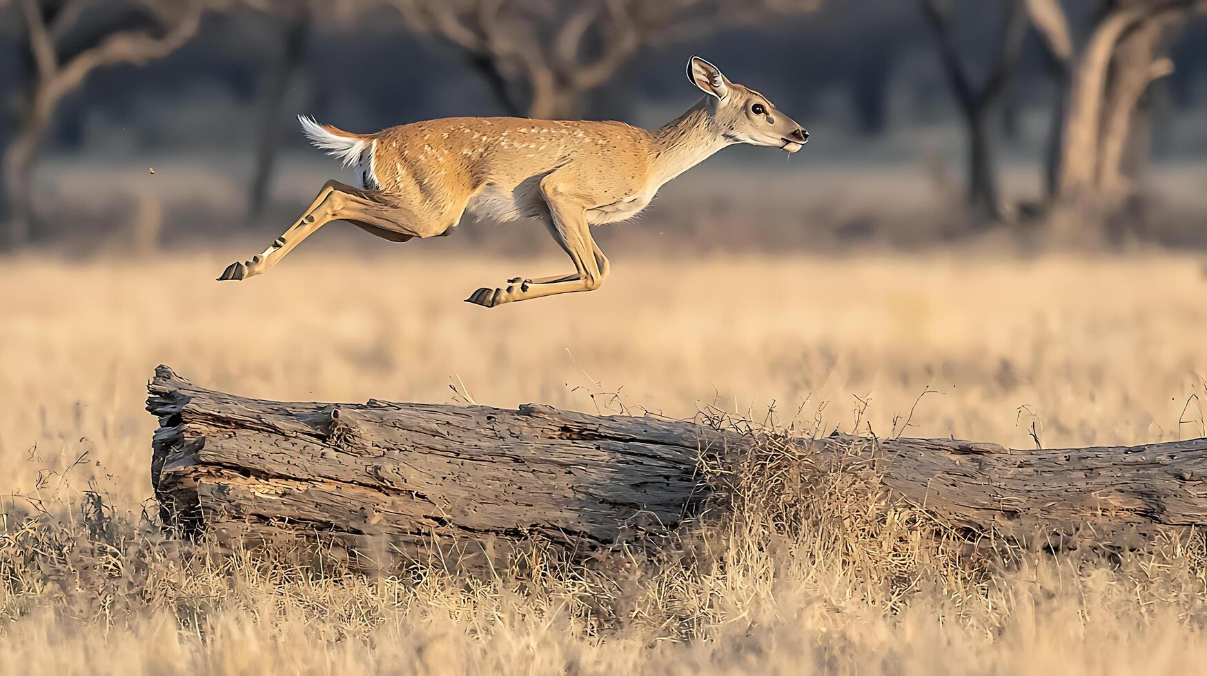 Graceful Deer Leaps Over Fallen Log in Natural Habitat. photo