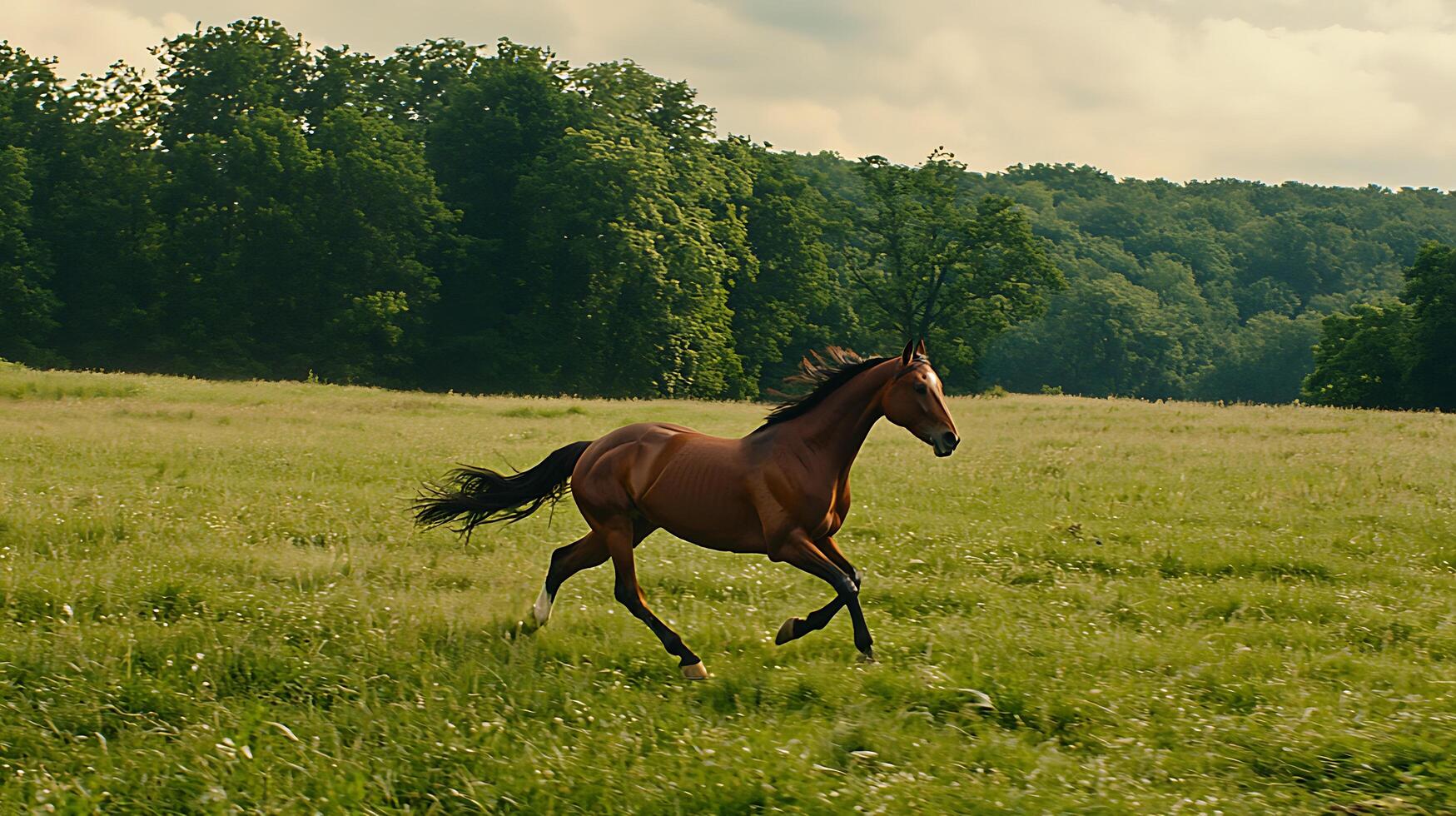 Majestic Horse Gallops Freely Through a Lush Green Meadow photo