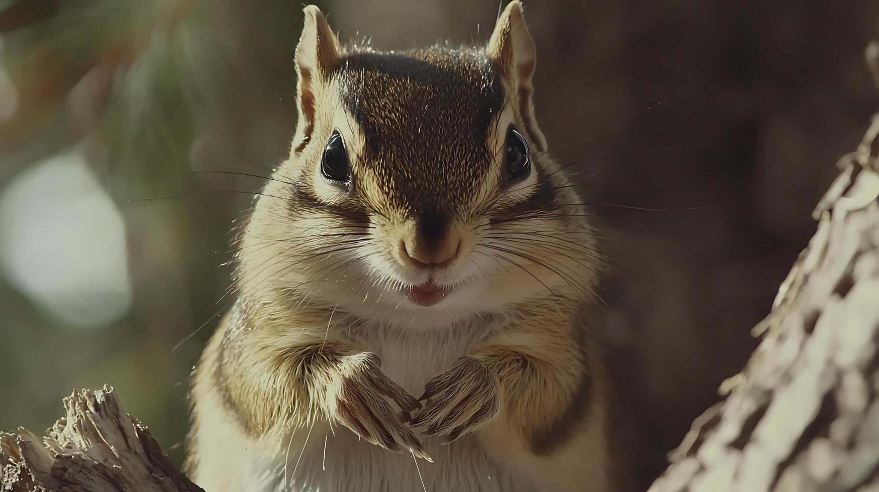 Adorable Chipmunk Face Looking Up from Tree Bark Close Up. photo