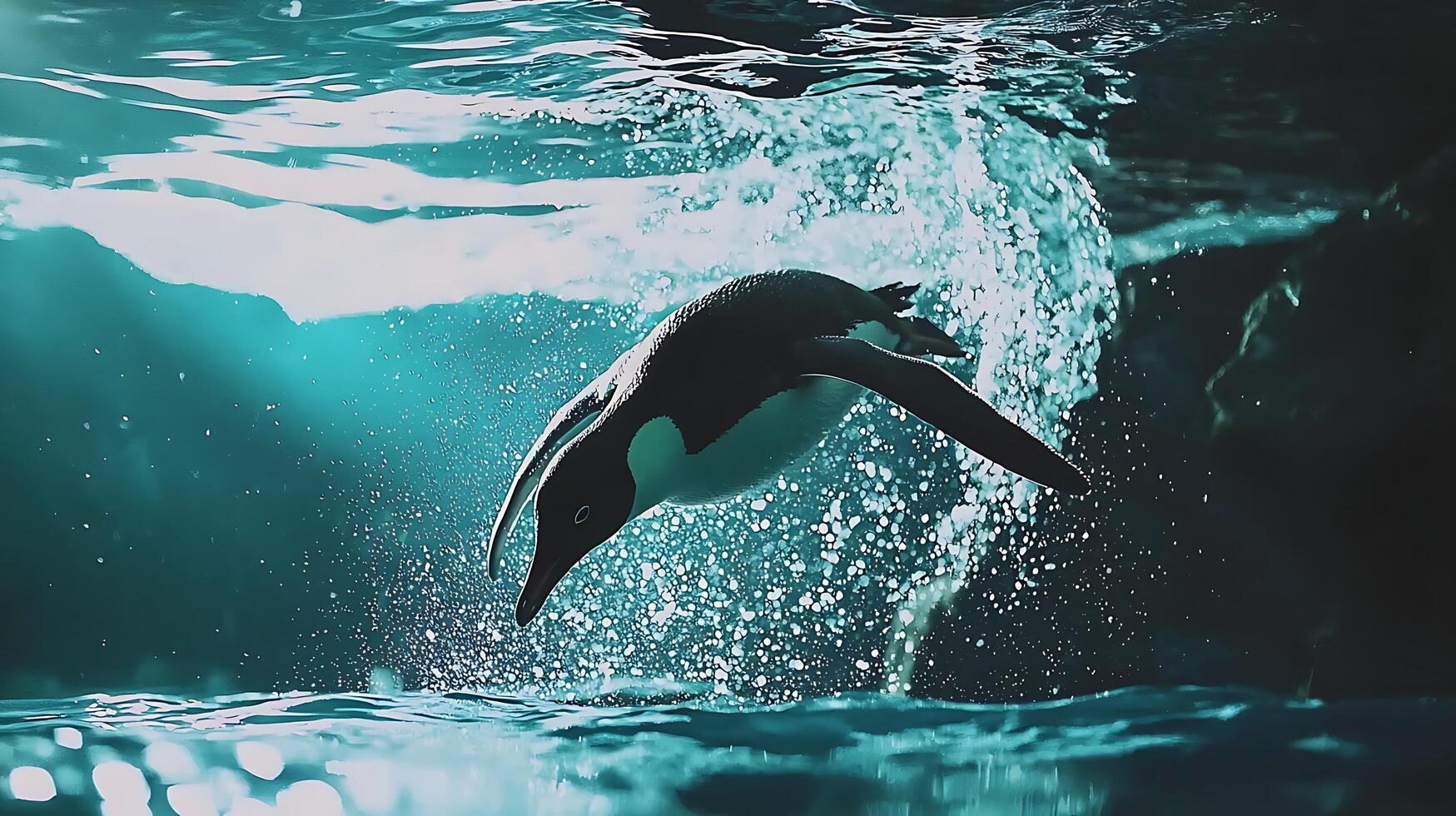 Penguin dives into turquoise water creating a splash of bubbles. photo