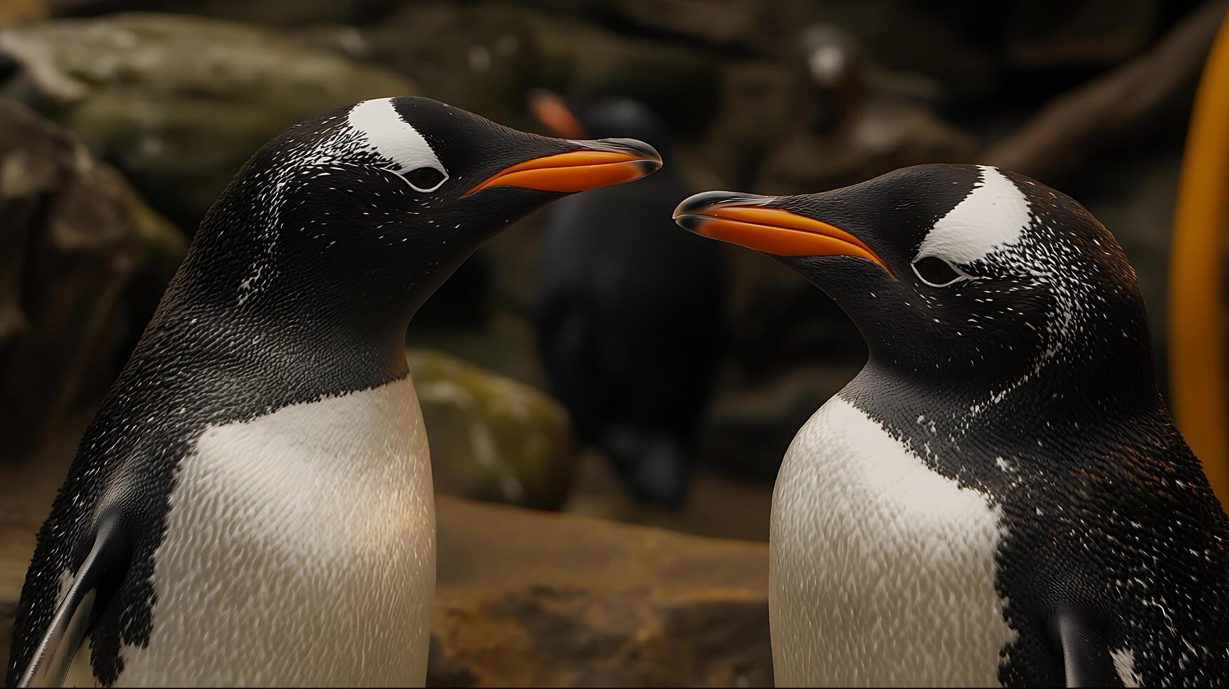 Close up of two Gentoo penguins with orange beaks and white markings. photo