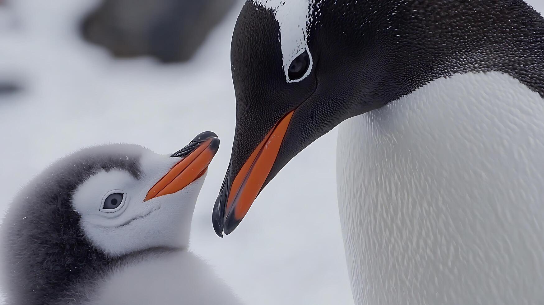 Gentle Penguin Parent Nurtures Its Fluffy Chick in the Snow. photo