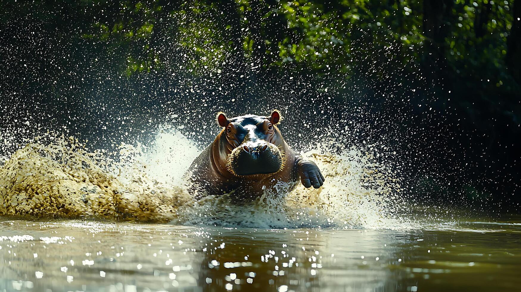 Hippo charges through water creating a massive splash and spray. photo