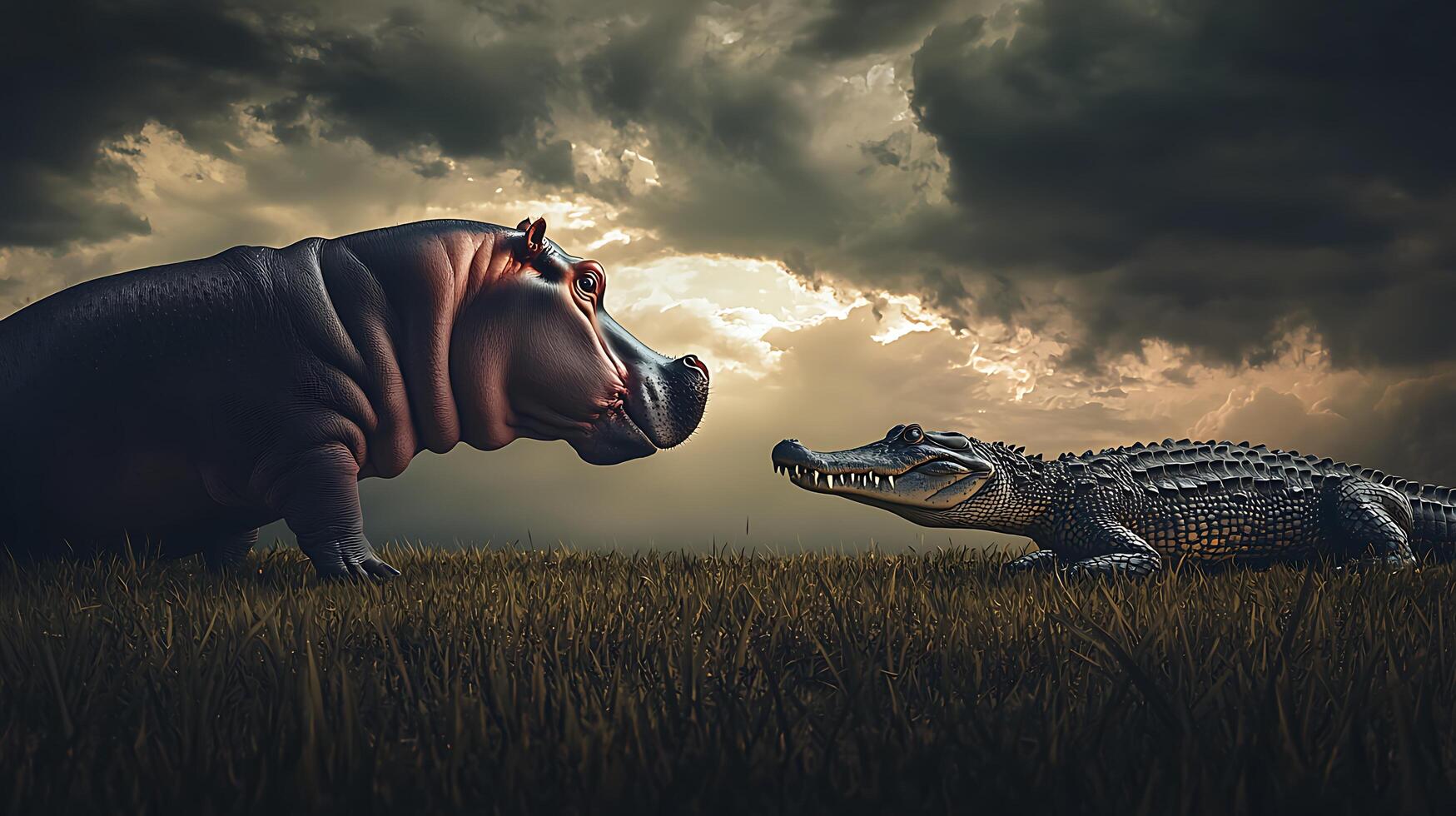 Majestic Hippo and Alligator Face Off Under Dramatic Stormy Skies. photo