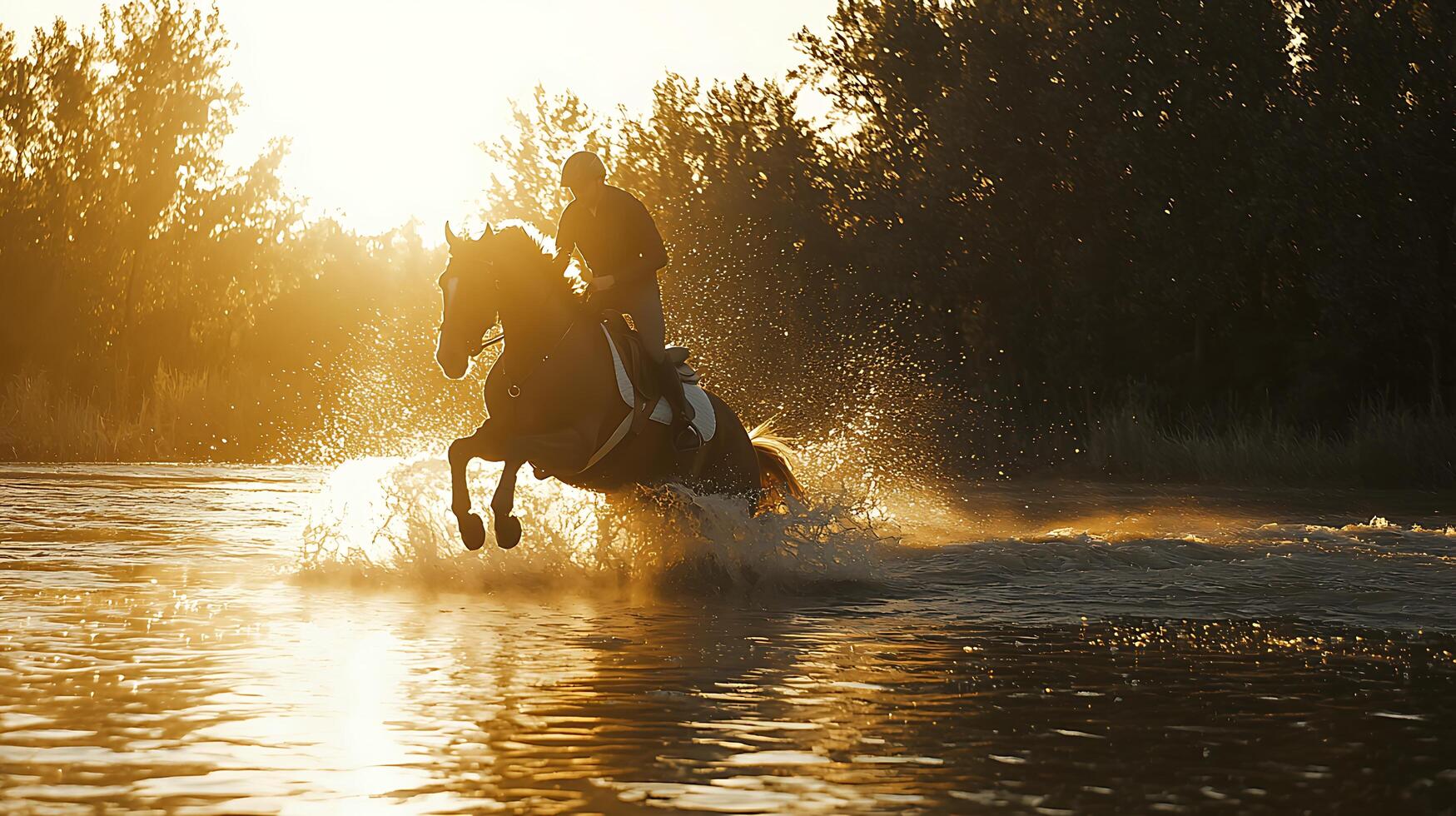 Majestic Horse and Rider Leap Through Golden Sunset Water. photo