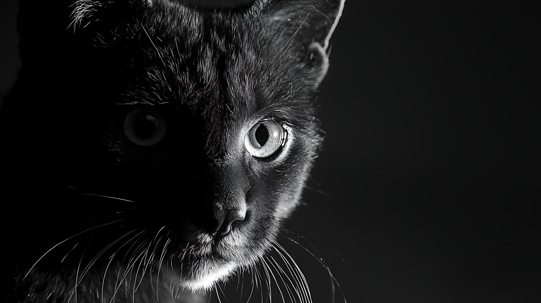 Mysterious Black Cat Face Emerging from Shadows, Striking Detail. photo