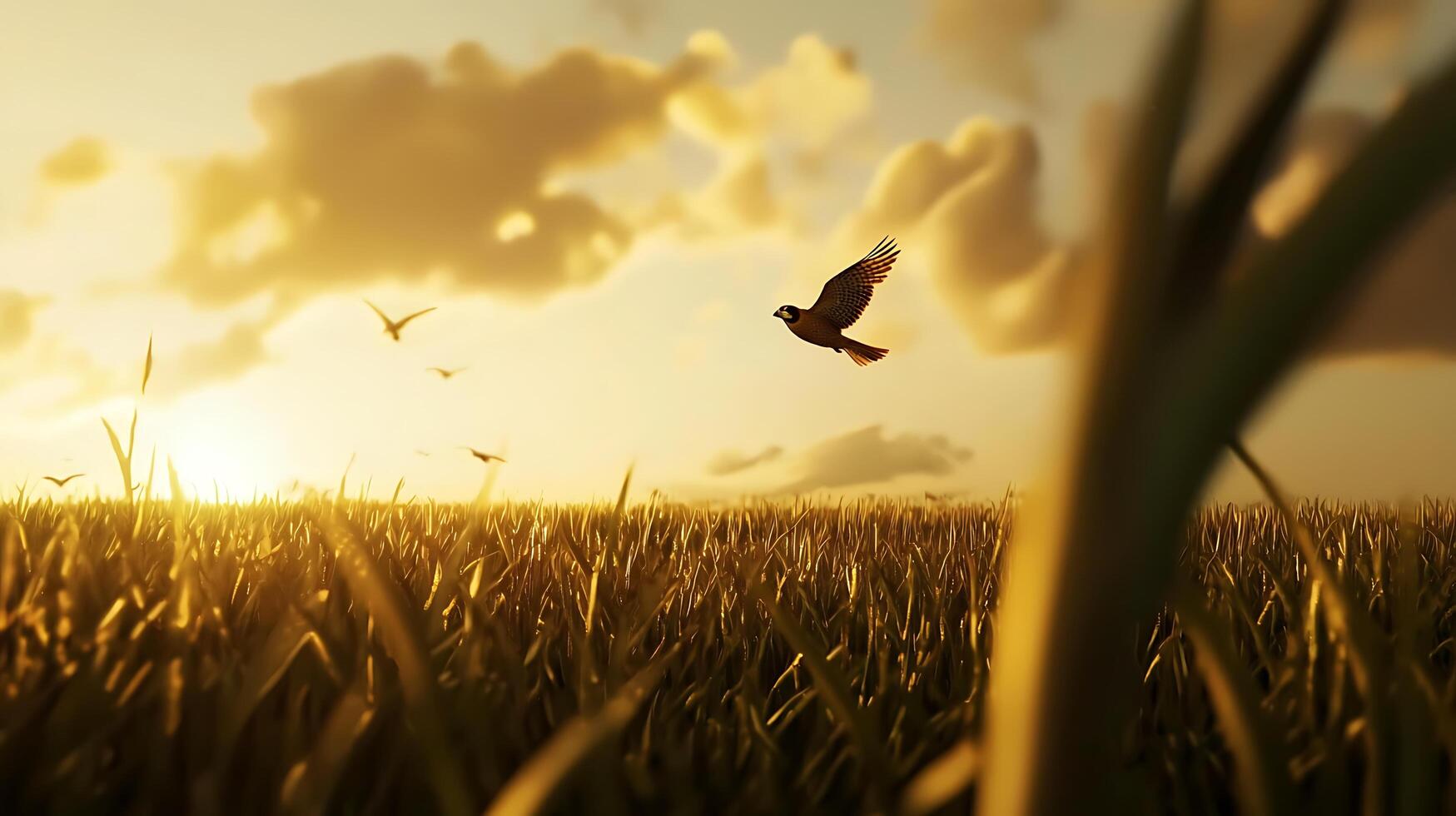 Majestic Bird Soars Over Golden Field At Sunrise. photo