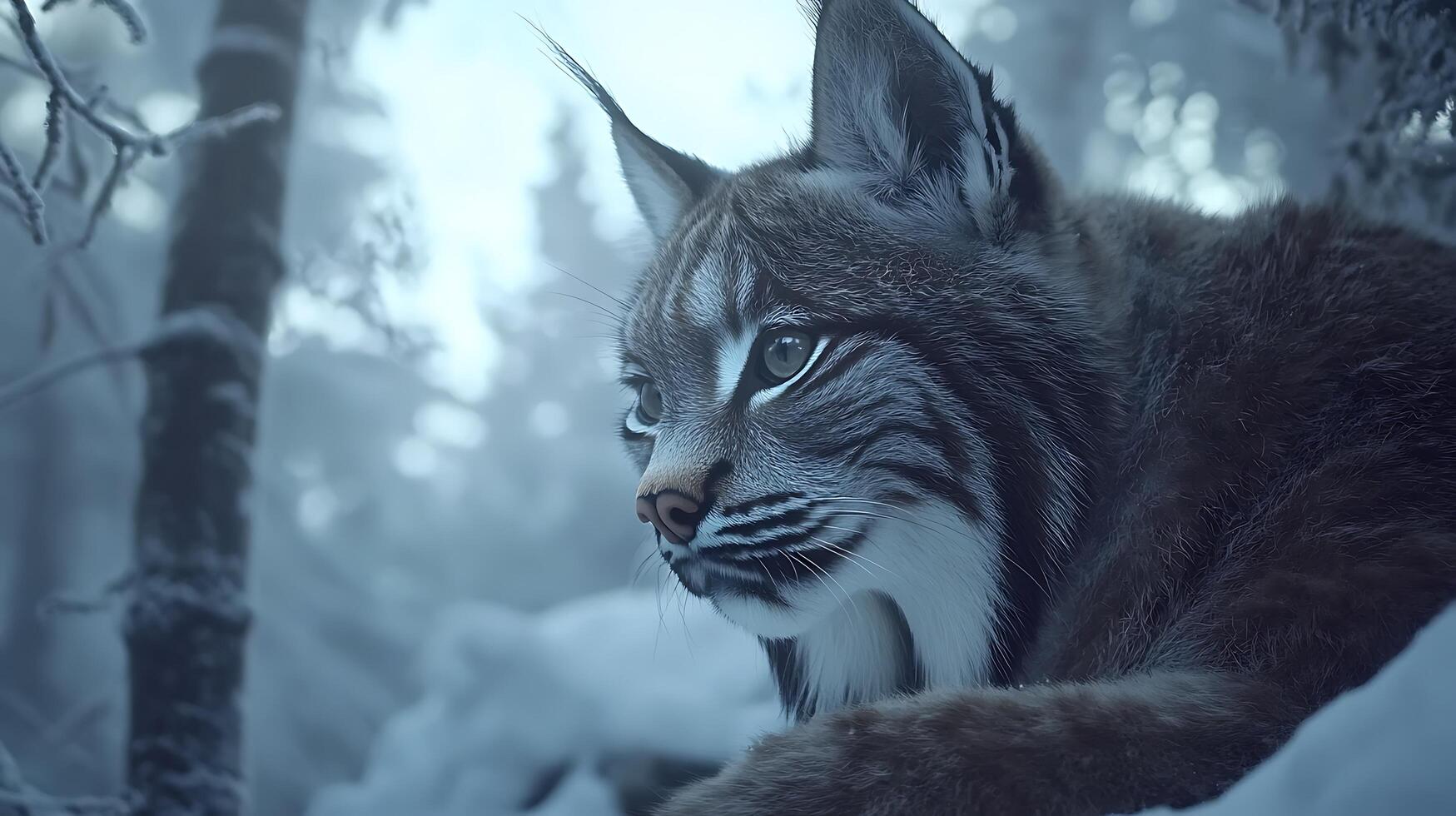 Majestic Lynx Gazes Through Snowy Winter Forest Wonderland. photo
