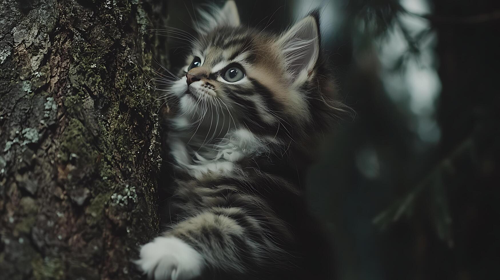 Adorable kitten climbing a textured tree trunk in soft natural light. photo