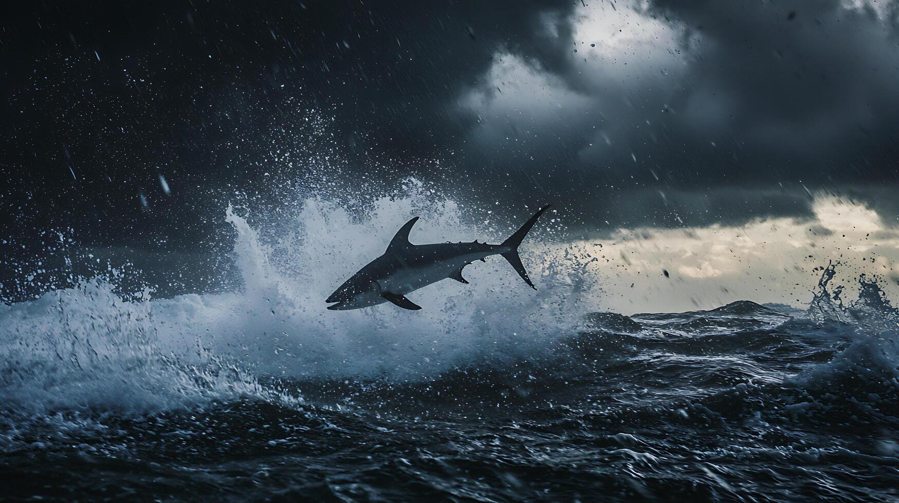 Powerful Shark Leaps From Crashing Waves During Stormy Seas. photo