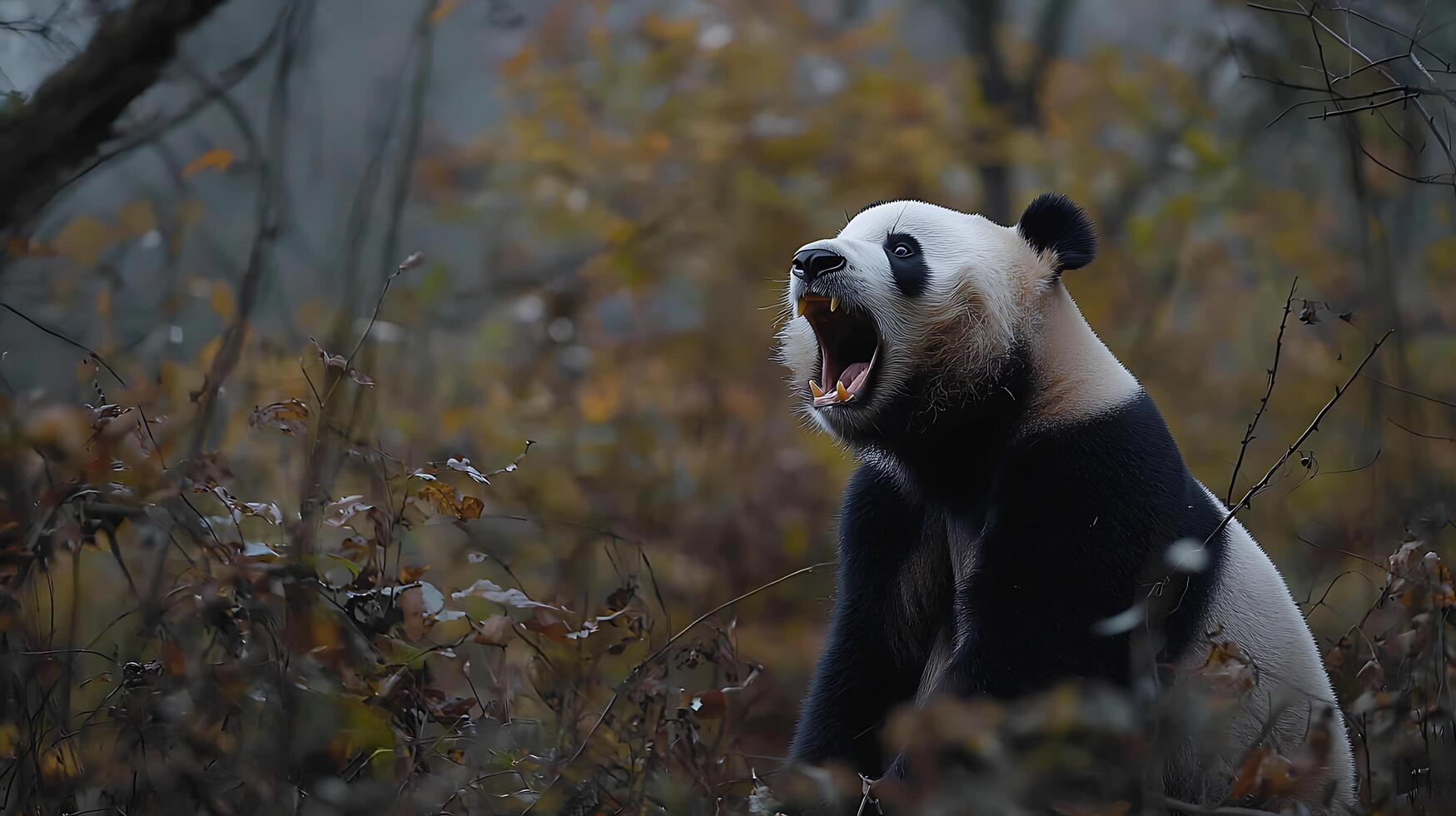 Giant Panda Roars in a Misty Autumn Forest Scene. photo
