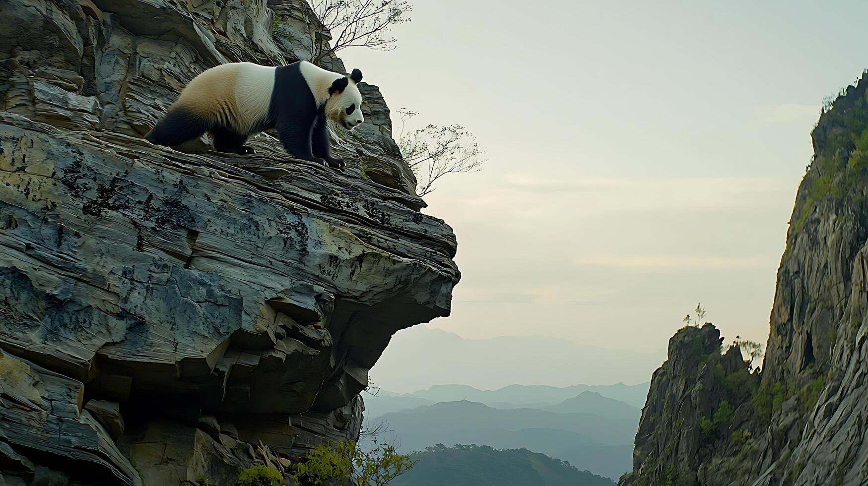 Giant Panda Navigates Rocky Mountain Cliffside with Misty Landscape Background. photo