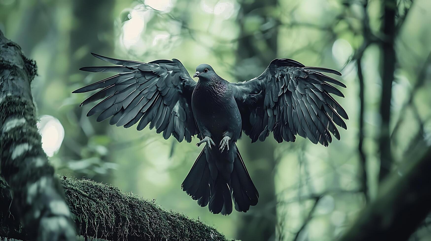 Majestic pigeon with wings spread in lush forest setting. photo