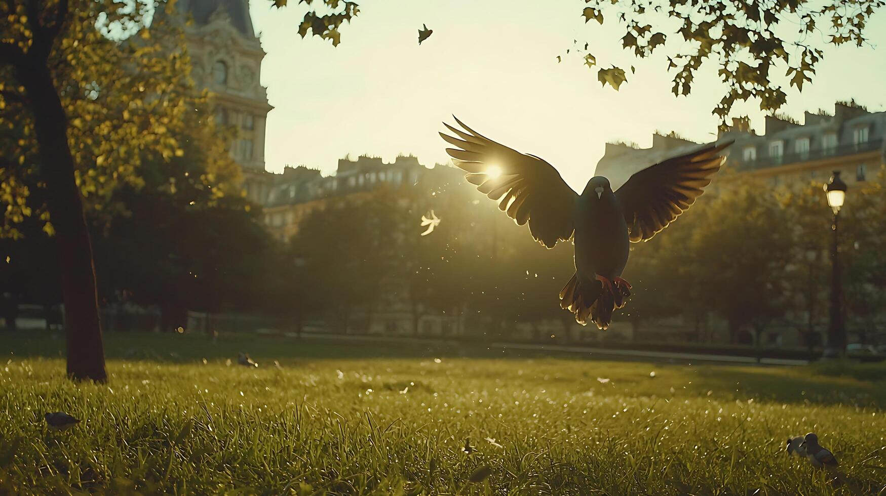A Pigeon Takes Flight in a Sunlit City Park with Historic Buildings. photo
