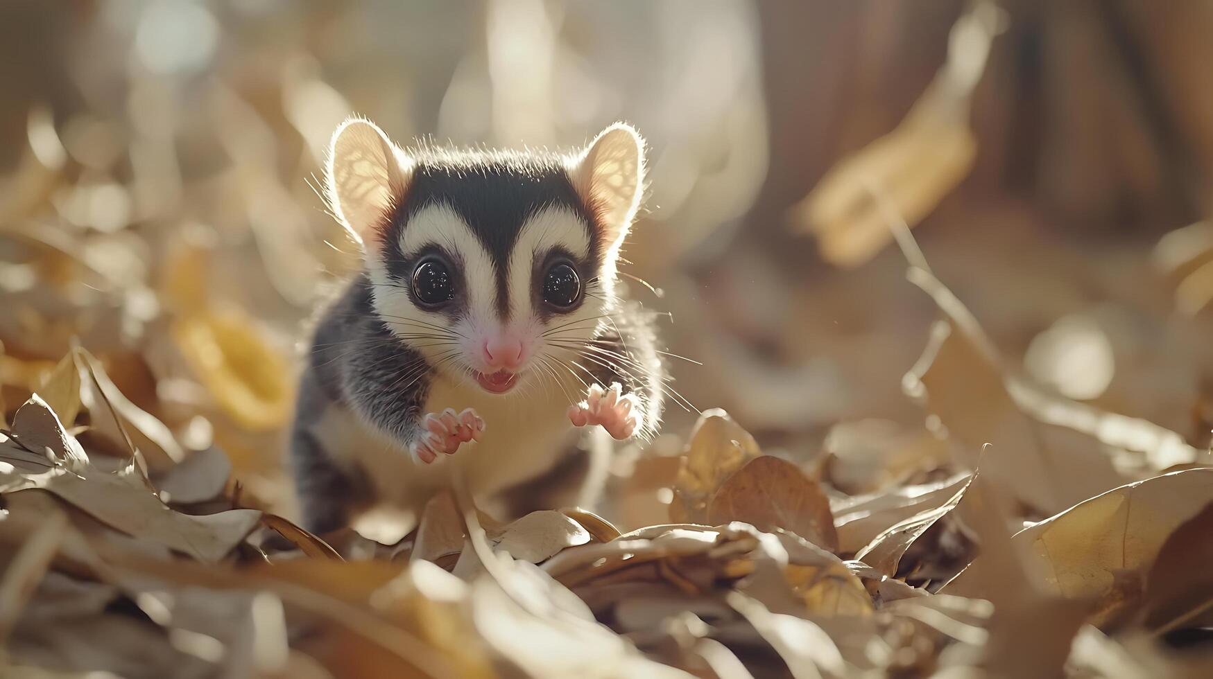 Adorable Sugar Glider Peeks Out From Dry Leaves in Warm Sunlight. photo