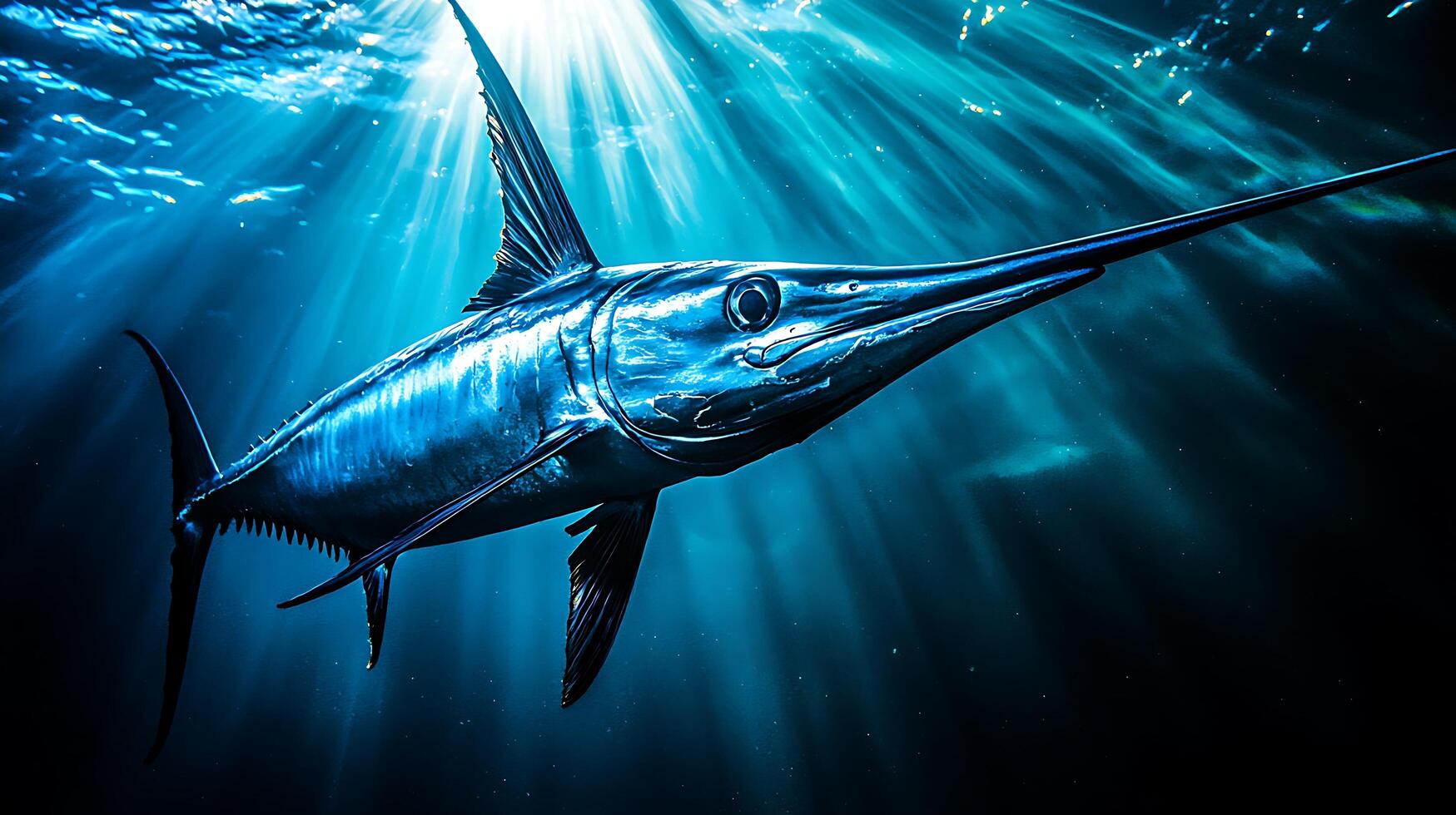 Majestic Swordfish Dominates Deep Blue Ocean Waters with Sun Beams. photo