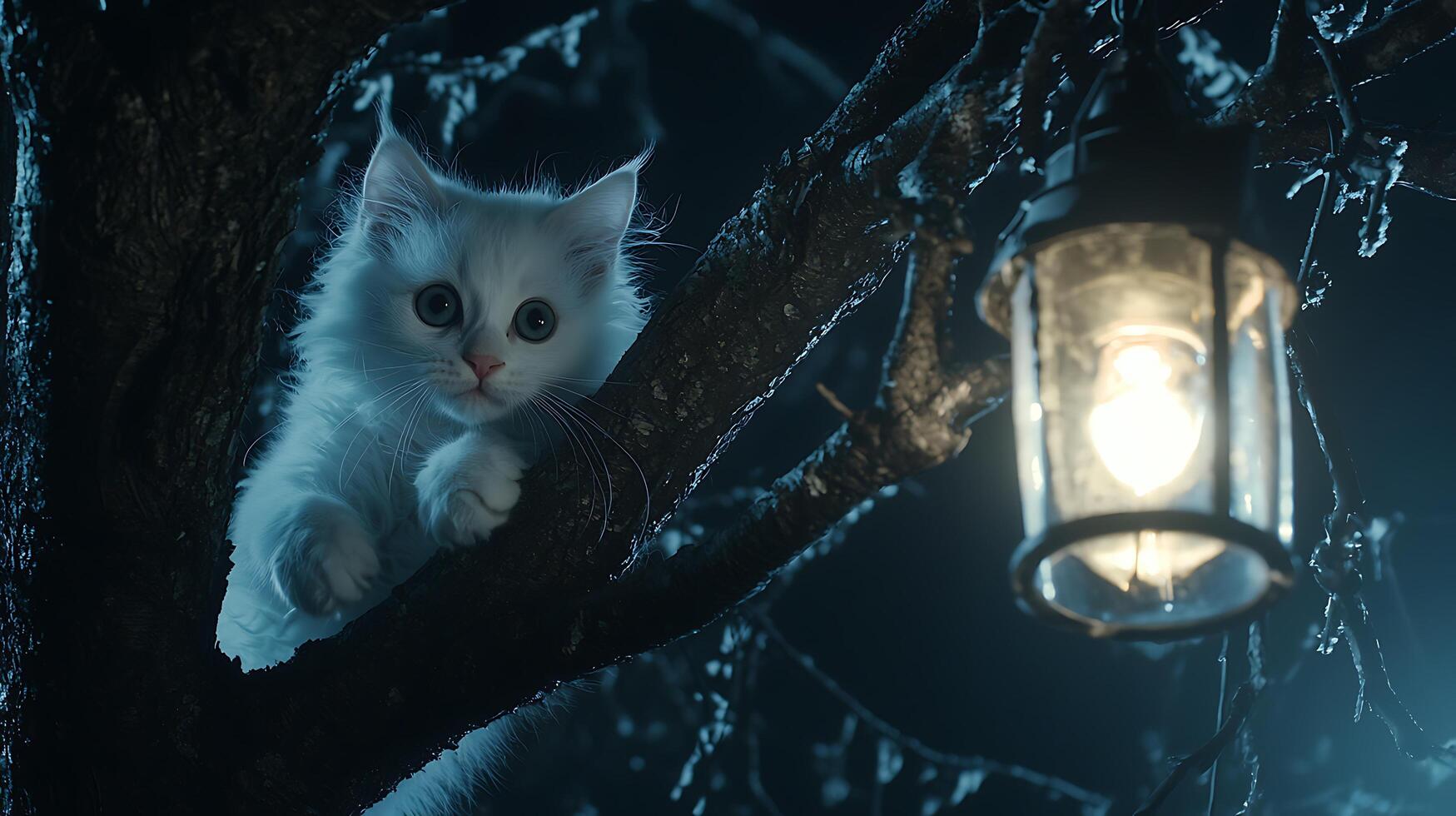 Curious white kitten peeks out from a tree at night near a lantern. photo