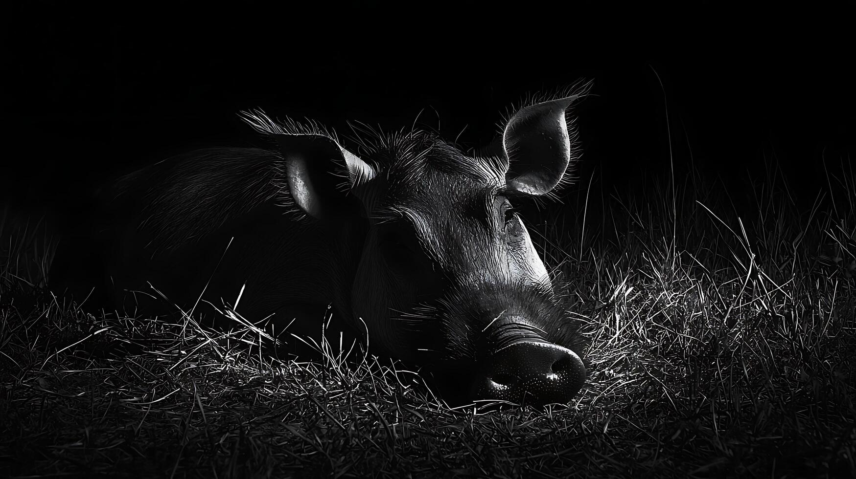 Tranquil Pig Resting in a Dark, Grassy Field. photo