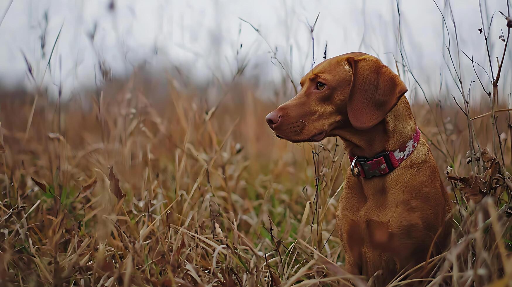 A Focused Vizsla Dog Sits Patiently in Dry Autumn Grass. photo