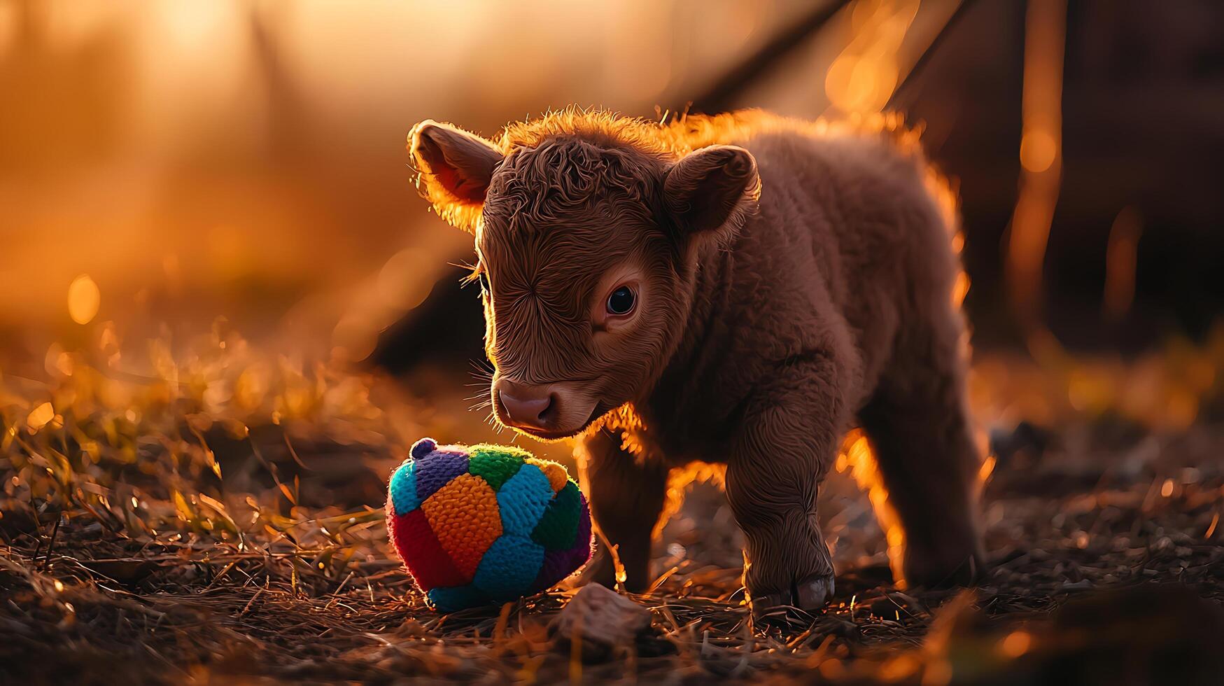 Adorable fluffy highland calf plays with a colorful ball in warm golden hour light. photo