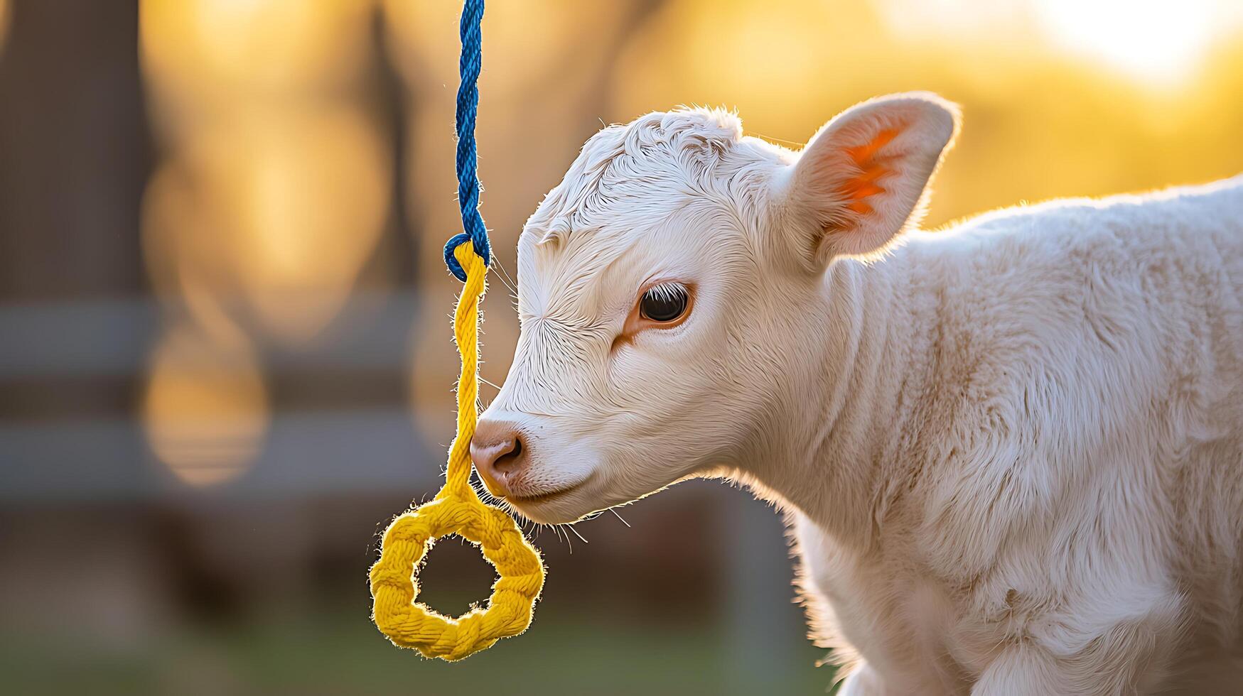 Adorable White Calf Playing with a Bright Yellow Rope in Golden Sunlight. photo