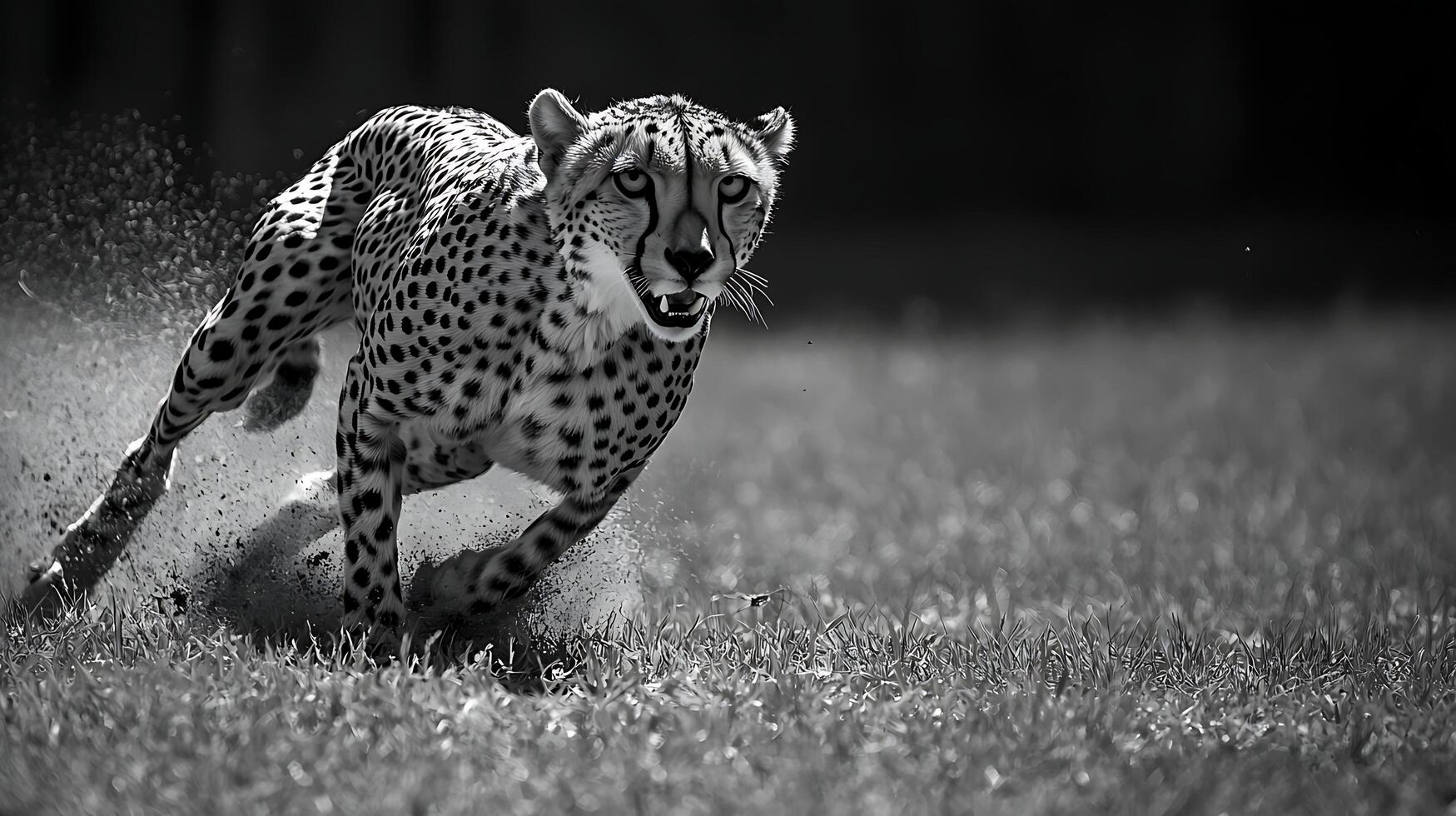 Powerful Cheetah Sprinting on Grass in Dramatic Black and White. photo