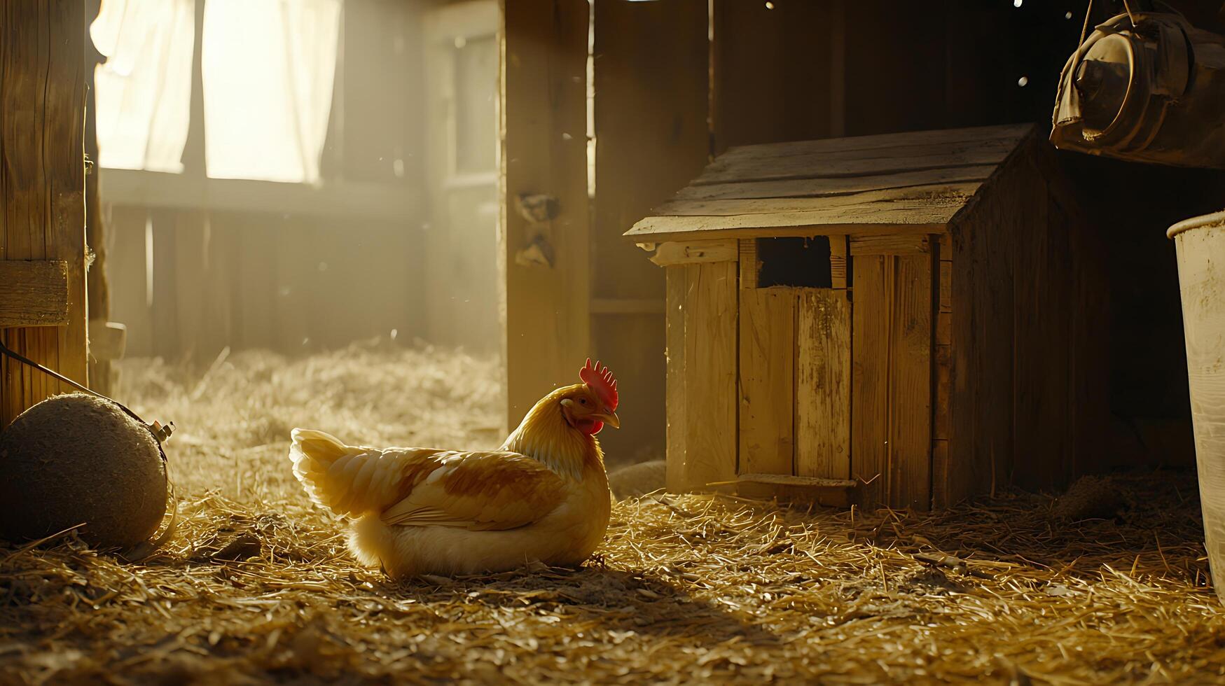 Cozy Chicken Resting in a Sunlit Barn with Straw Bedding. photo