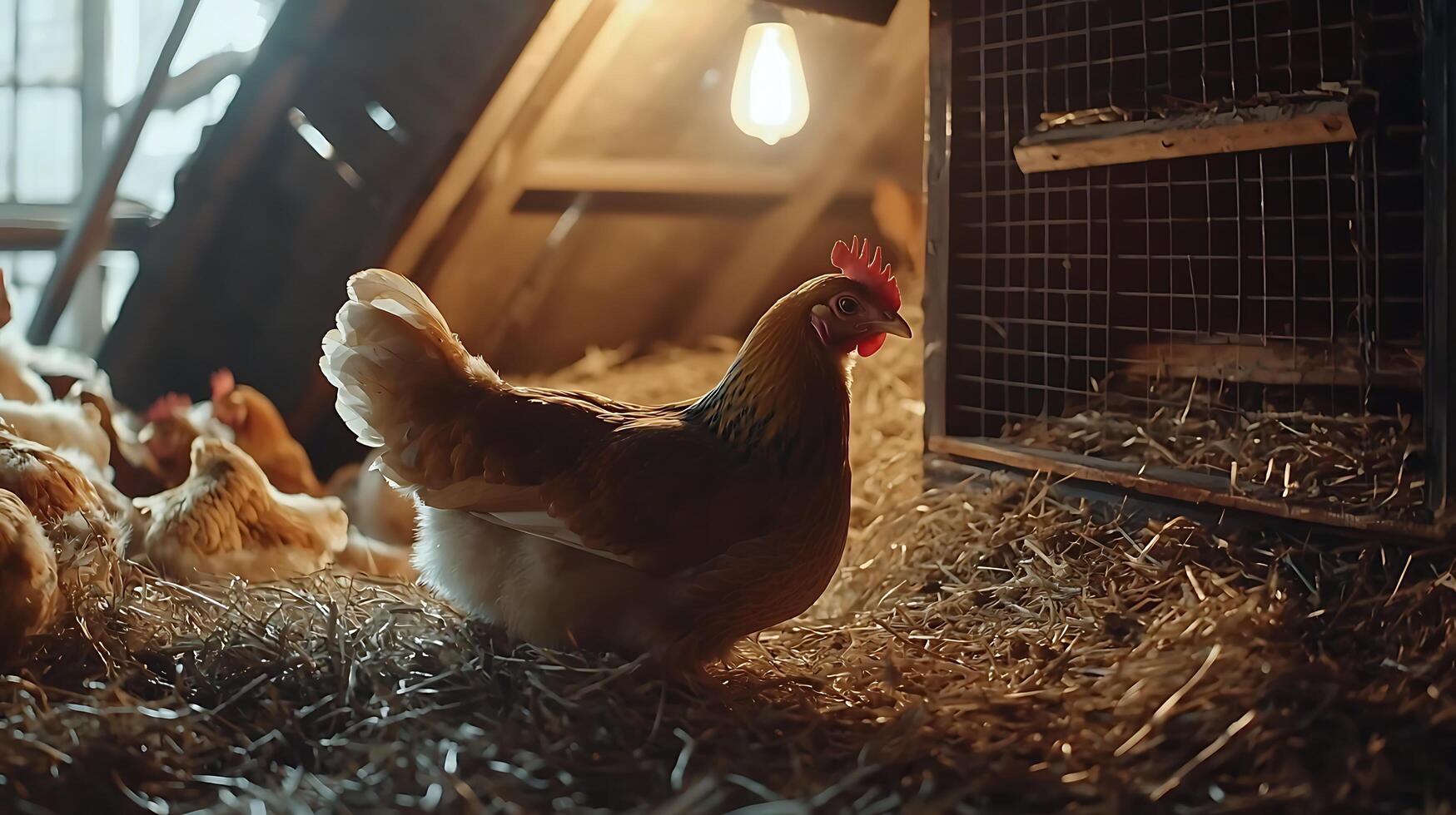 Cozy chicken coop with warm light illuminating a hen on straw. photo