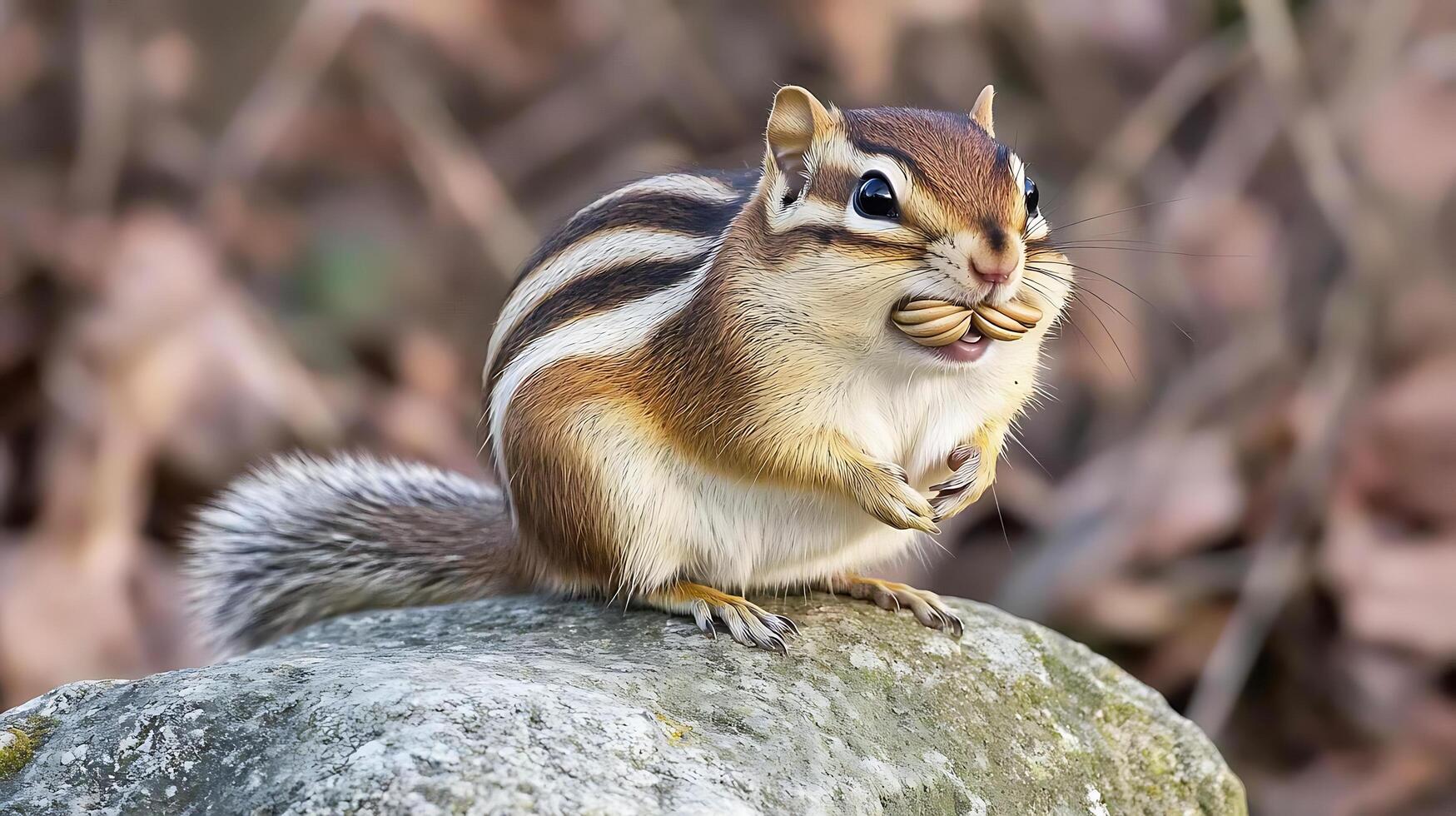 Adorable Chipmunk Sitting on a Rock With Seeds in its Mouth. photo