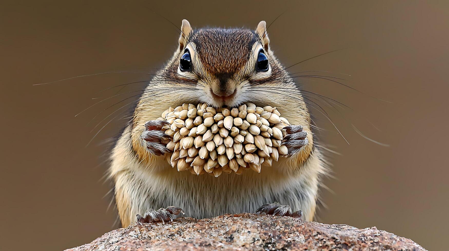 Adorable chipmunk holding a large pile of seeds with its tiny paws. photo