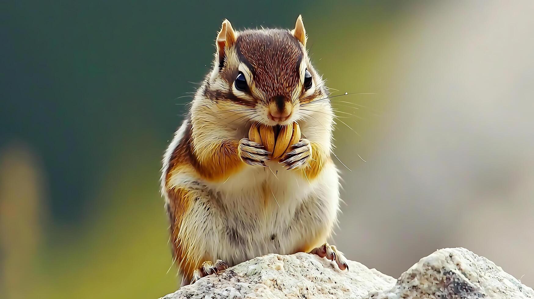 Adorable chipmunk holding a tasty nut on a rock. photo