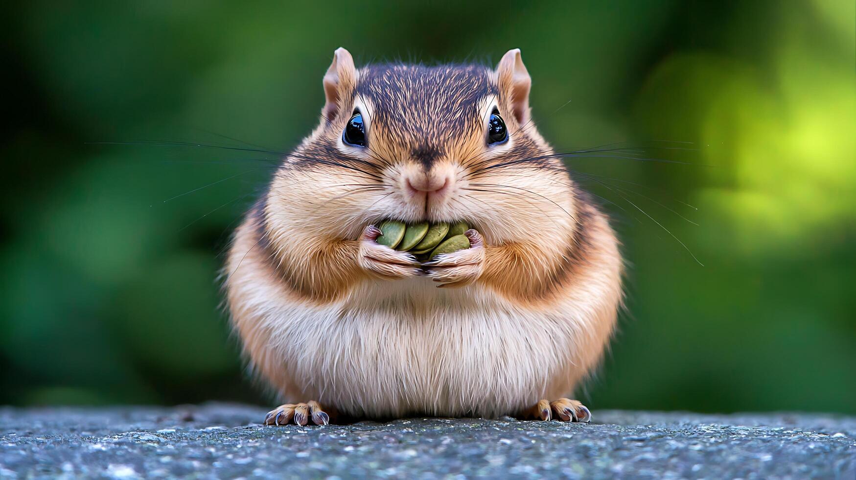 Adorable chipmunk with full cheeks holds seeds in its paws. photo