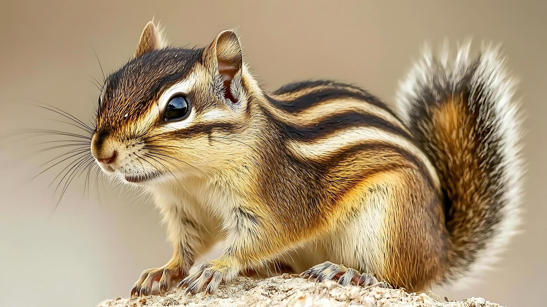 Adorable Chipmunk Close Up Portrait with Striped Fur and Bushy Tail. photo