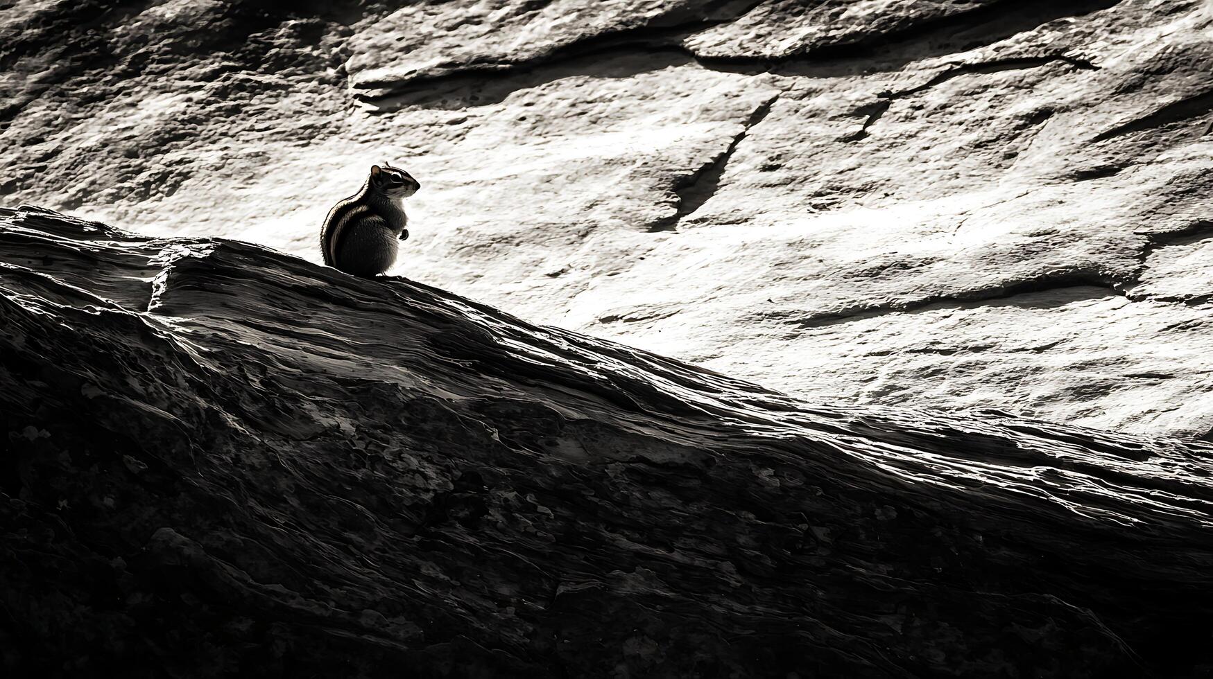 Lone chipmunk perched on a textured rocky cliff in dramatic monochrome light. photo