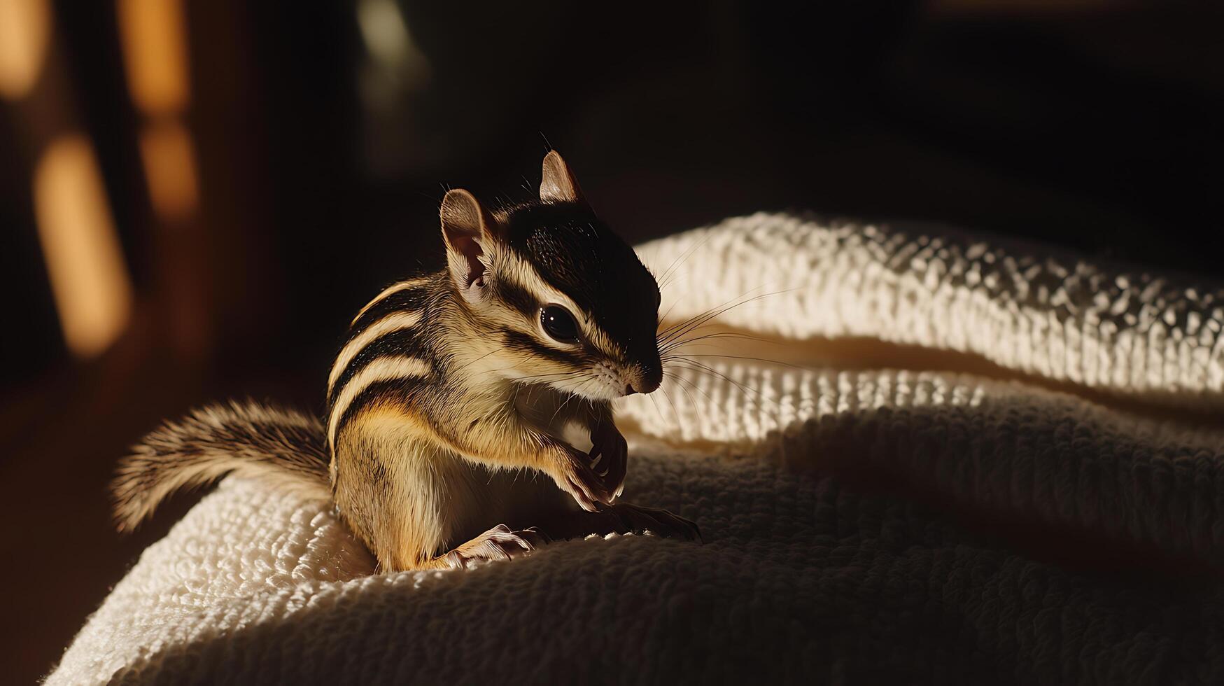 Adorable chipmunk enjoying a sunbeam on a soft blanket. photo