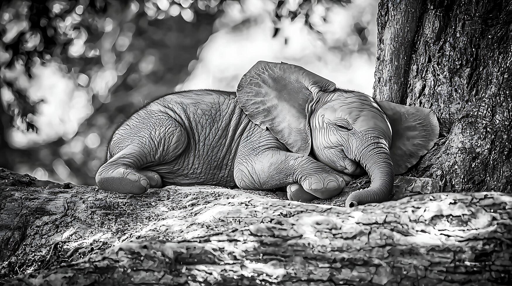 Baby Elephant Sleeping Peacefully on a Textured Log in Black and White. photo
