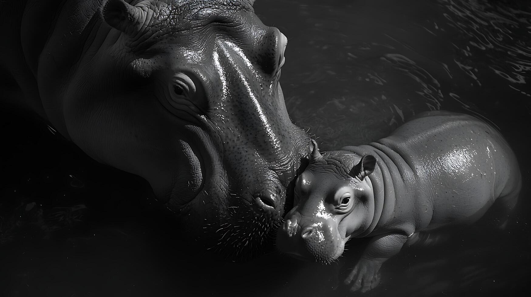 Tender Moment Mother and Baby Hippopotamus Embrace in Dark Waters. photo