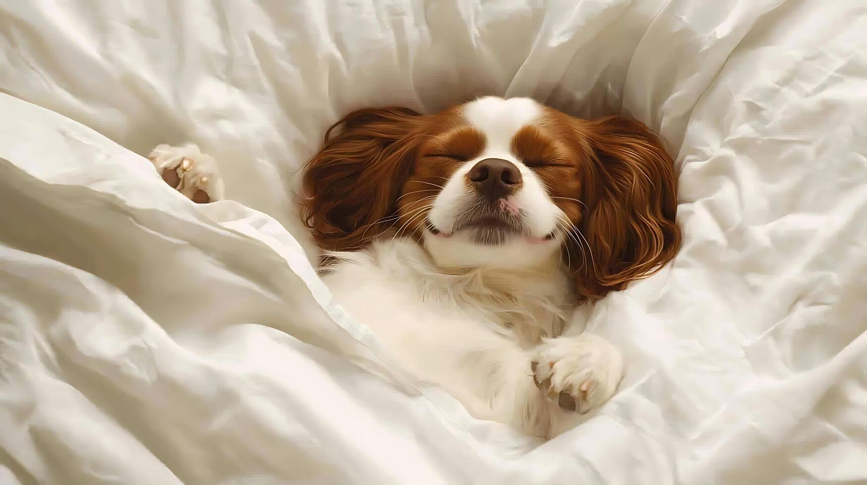 Adorable Cavalier King Charles Spaniel Sleeping Soundly in Cozy White Bedding. photo