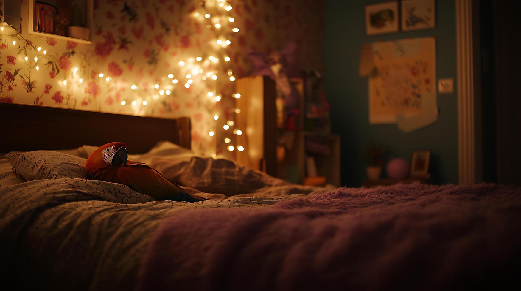 Cozy Parrot in a Warm Bedroom with Twinkling Lights. photo