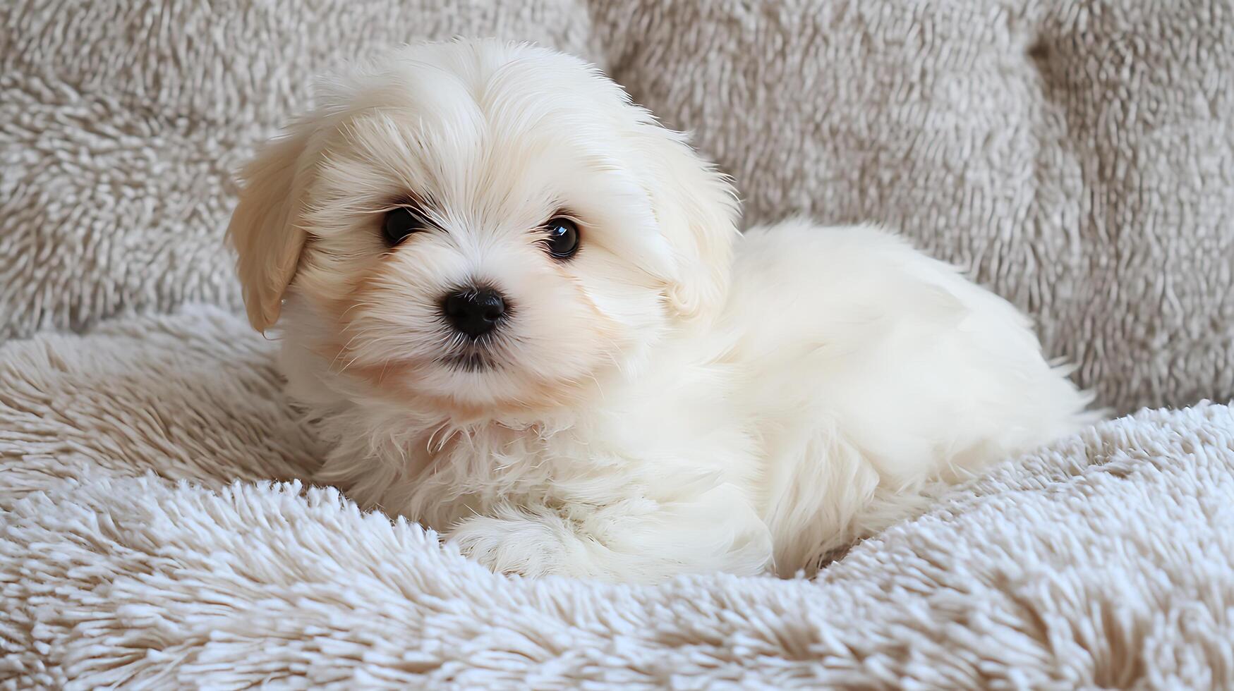 Adorable Fluffy White Puppy Relaxing on Soft Blanket. photo