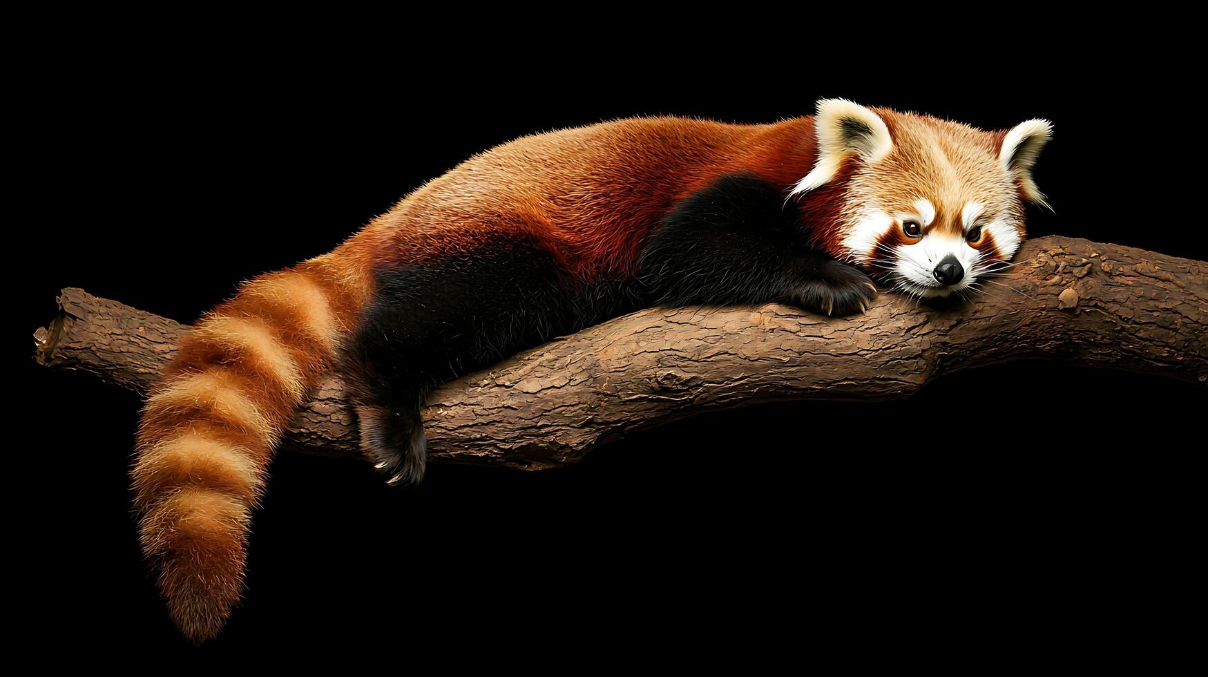Adorable Red Panda Resting on a Tree Branch Against a Dark Background. photo