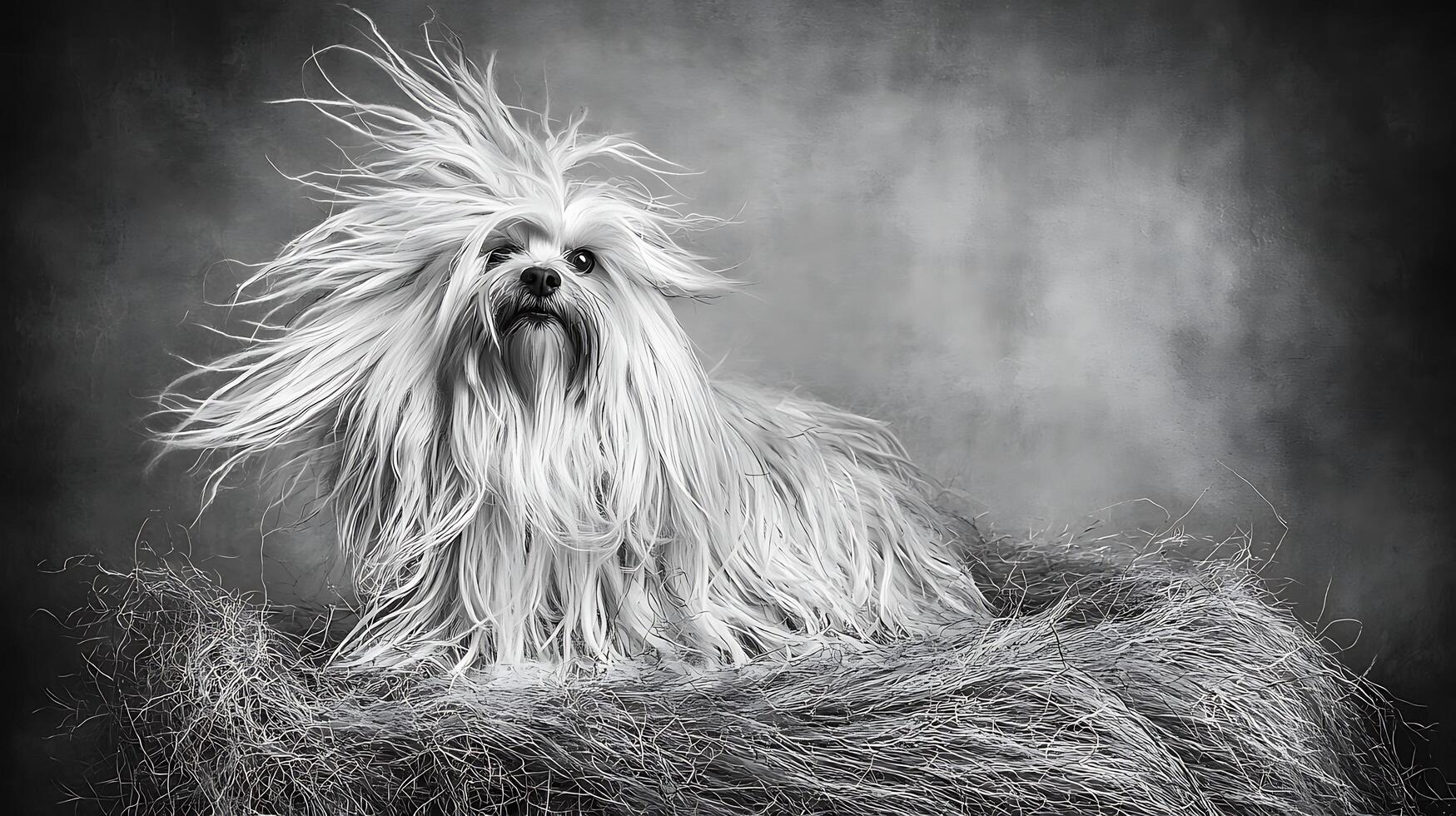 Fluffy white dog with wild, windblown hair in a textured environment. photo