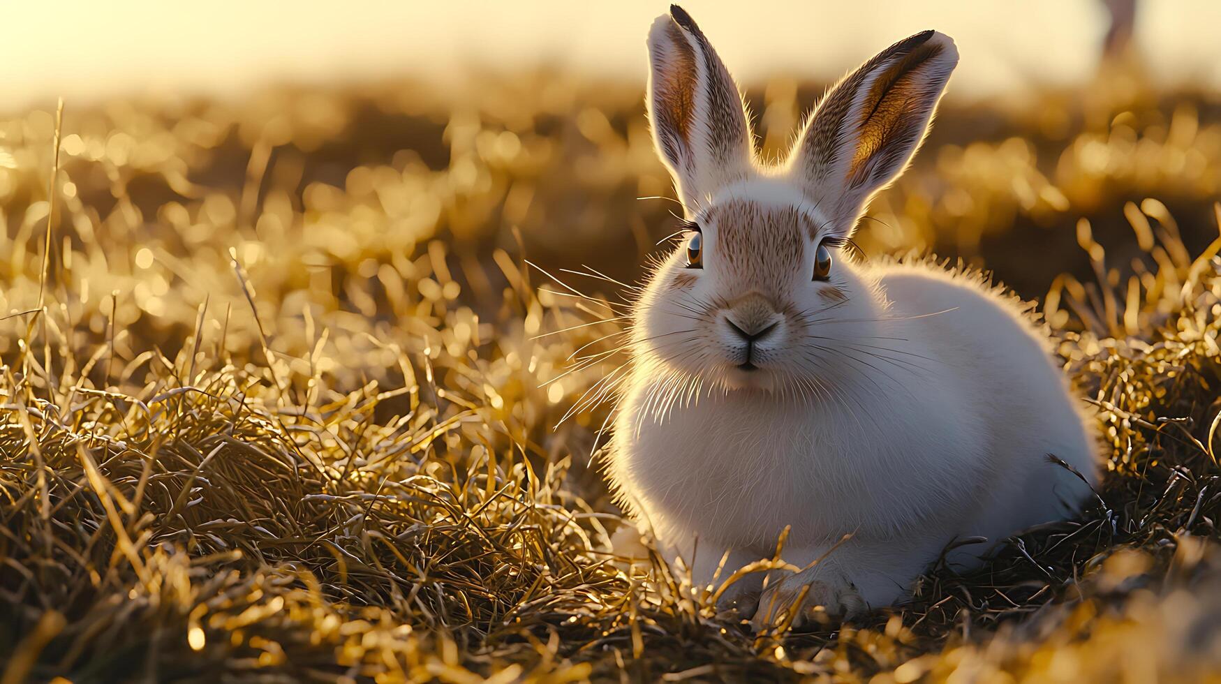 Adorable Rabbit In Golden Sunlight Amidst Dry Grass Fields. photo