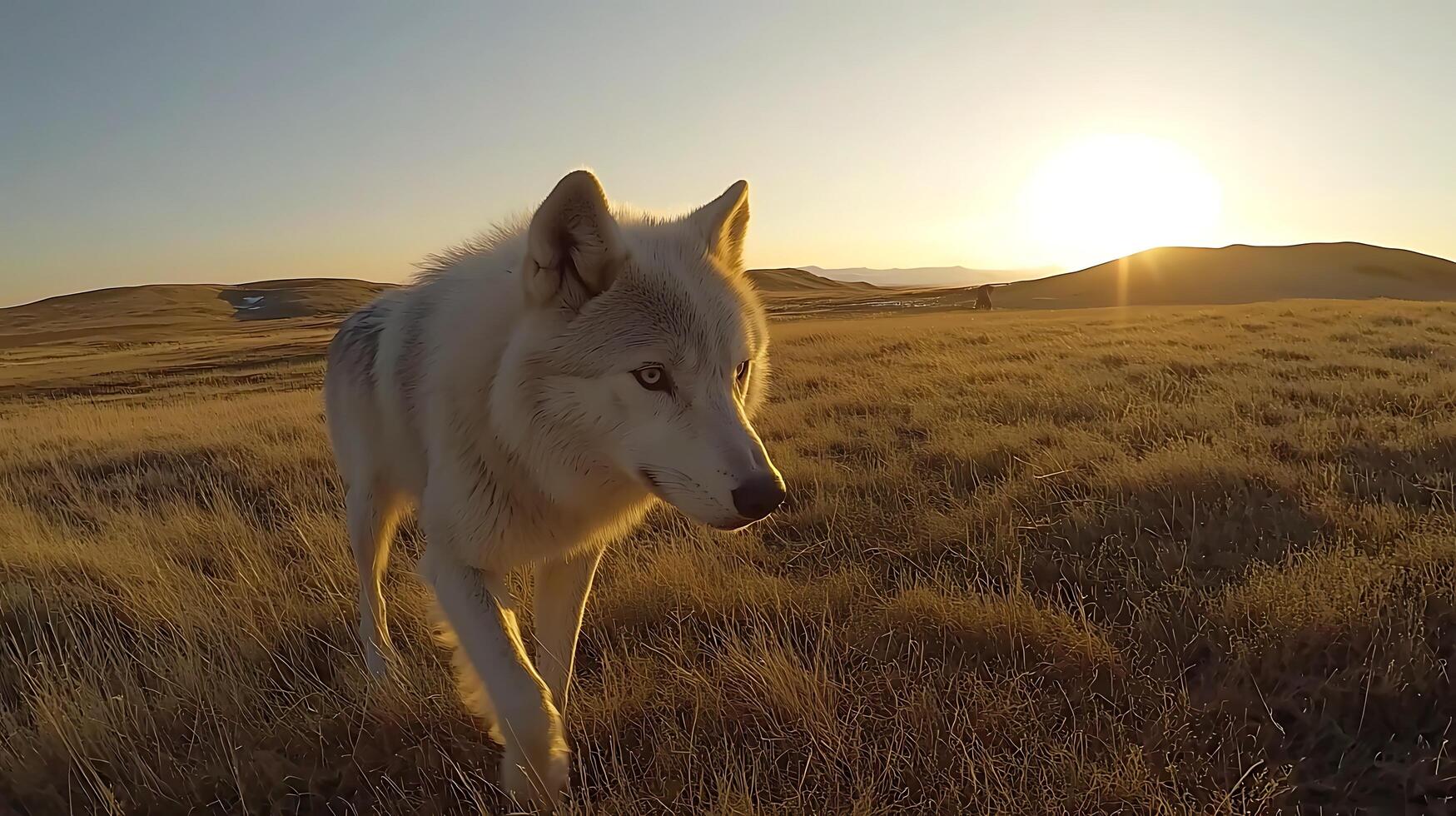 Majestic wolf walking in golden field at sunset. photo