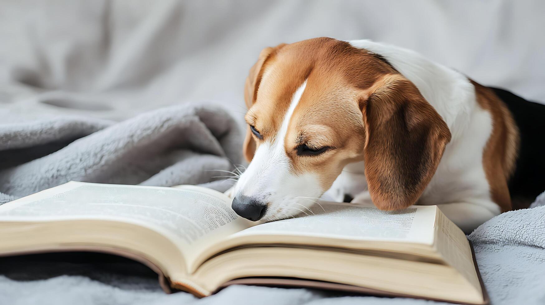 A Beagle Puppy Sniffs a Book, Embracing a Love for Learning. photo