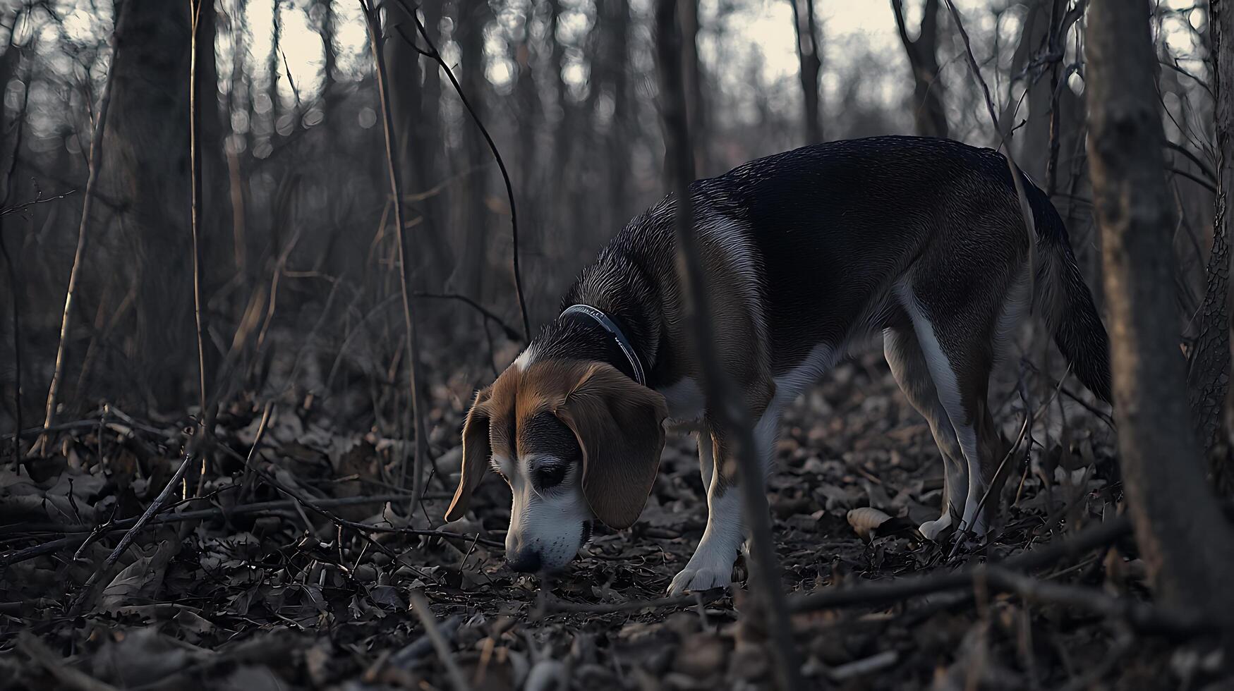 Curious Beagle Sniffs Through Autumn Leaves in Dim Forest Light. photo