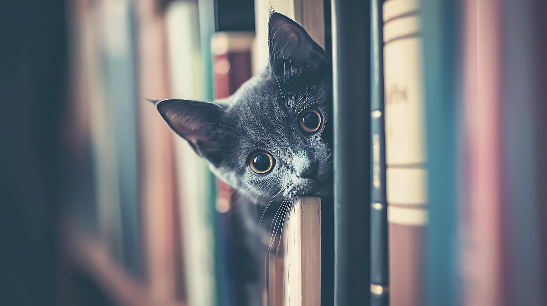 Curious Kitten Peeking Between Books in a Cozy Library Setting. photo